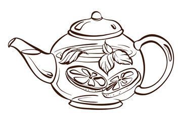 Obraz premium Linear sketch of a single teapot. Transparent contour drawing in doodle style. Suitable for tea labels, cafe menu design, and herbal drink themes. Elements of traditional and organic tea culture.