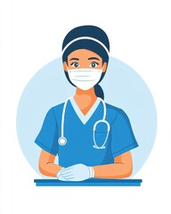 Fototapeta premium Professional healthcare worker in blue uniform wearing a mask and stethoscope illustration