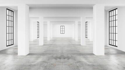 Obraz premium Empty modern indoor space with large windows and concrete flooring