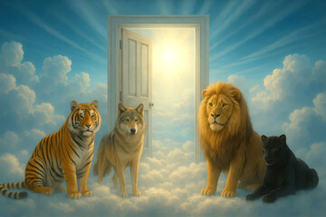 divine angelic heaven gate with lion, wolf and tiger, eternal soul of animals and rainbow bridge crossing to paradise concept 