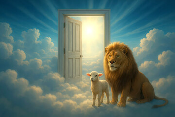 divine angelic heaven gate with a lamb and a lion, eternal soul of animals and rainbow bridge crossing to paradise concept 