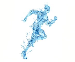 hyper-realistic 3D rendered figure of a human made entirely of splashing water, captured in mid-motion as if running or leaping through the air. The translucent water body showcases. Generative by Ai