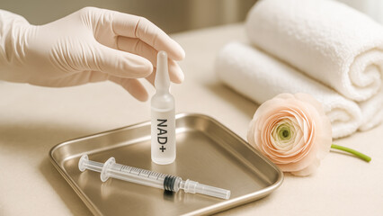 NAD+ Ampoule And Syringe On Metal Tray In Spa Setting With Towels And Flower For Anti-Aging And Wellness Visuals. Concept Of Intravenous Therapy, Cellular Health, Beauty Clinics, And Regenerative Medi