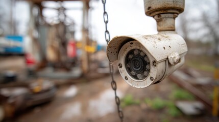 A broken security camera dangles precariously from its wires, surrounded by rusting machinery and a neglected industrial backdrop, highlighting abandoned infrastructure