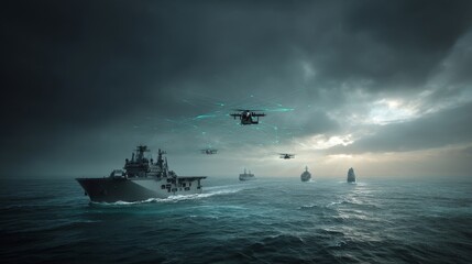 Fototapeta premium A showcase of contemporary military equipment, featuring actual fighter jets, ships, satellites, and naval vessels, all linked by lines representing communication or data connections, is on display,