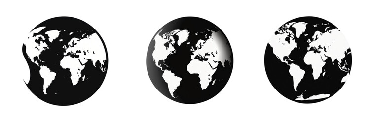 Obraz premium Three monochrome world globes displaying continents in a row format