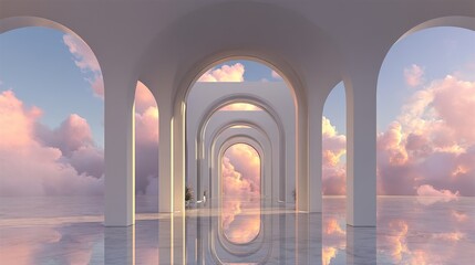 A minimalist and dreamlike scenery features geometric mirror arches situated in a vast outdoor environment