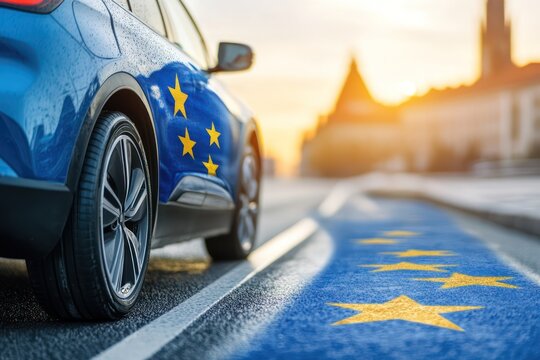 Electric car with EU flag symbolizing trade sanctions