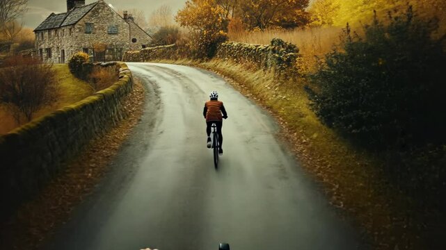 Autumn cyclist on winding road, rural landscape, misty. Possible use Travel, nature, cycling