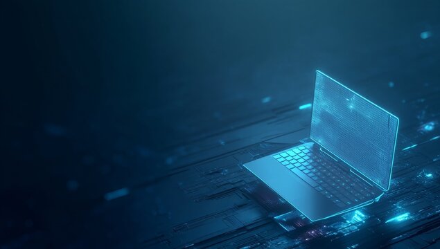 A futuristic illustration featuring computer technology, including a laptop, suitable for high-quality images on websites, posters, backgrounds, and other modern projects
