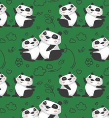 Naklejka premium Vector seamless pattern of cute happy pandas. Simple bright green animal background. Funny bear family hugs. Big mom, little baby. Cartoon childish print. Image for kids room wallpaper, cloth design