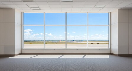 Fototapeta premium Spacious Airport Terminal Window with Clear Blue Sky and Runway View