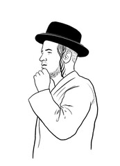 Minimalist line art of a orthodox jewish man in traditional attire with a black hat, standing in profile with a thoughtful pose. Character illustration representing cultural identity, and tradition.