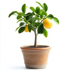 Small Lemon Tree in Terracotta Pot Against White Background
