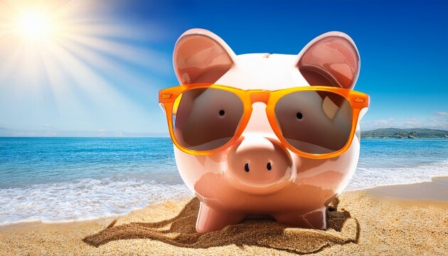sommer sonne sparen sparschwein mit sonnenbrille im urlaub