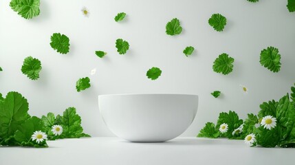 Fototapeta premium Podium chamomile skincare. Minimalist white bowl surrounded by green leaves and small white flowers on a light background.