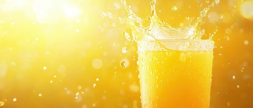 Refreshing orange juice splash in glass macro shot against bright sunny yellow background promoting healthy lifestyle and summer vibes