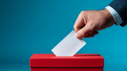 Businessman Casting a Vote into a Red Ballot Box on Blue Background