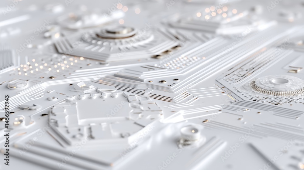 Poster modern technology is symbolized by an abstract white circuit board featuring intricate lines and com