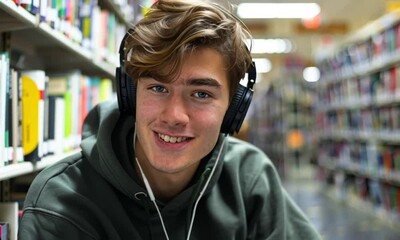 Teenager in headphones smiling in a library.
