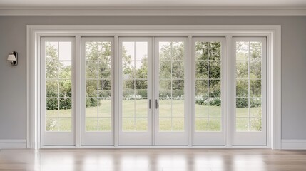 Fototapeta premium Modern French Doors with Panoramic Garden View in Bright Room