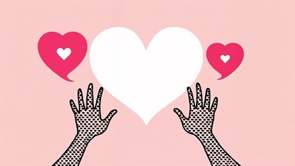 A pink background with two hands reaching up to a white heart.