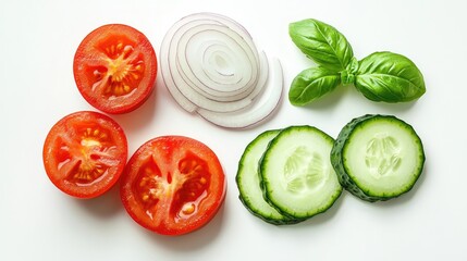 Naklejka premium Sliced tomatoes, cucumbers, red onions, and basil leaves arranged on a white background.