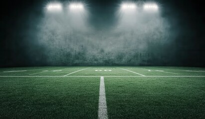 Empty Football Field with Spotlights and Dramatic Atmosphere