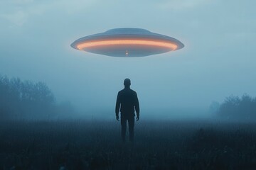 Mysterious UFO Hovering Above a Foggy Field at Dusk