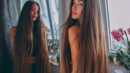 Fototapeta premium A woman is grooming her blonde hair inside a stylish home with natural light accentuating her beauty and creating a relaxed atmosphere