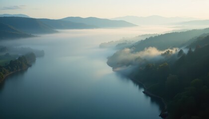 Fototapeta premium a wide river meandering through a valley, shrouded in early morning fog