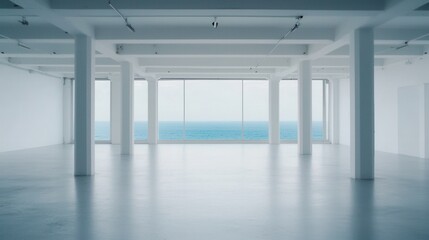 Naklejka premium Bright Modern Interior Space with Ocean View and Minimalist Design