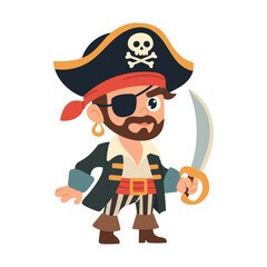 A cartoon pirate with a sword and a skull on his hat. He is wearing a pirate costume and a bandana