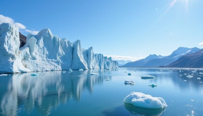 a breathtaking view of a glacier flowing into the ocean, with massive icebergs floating in the water