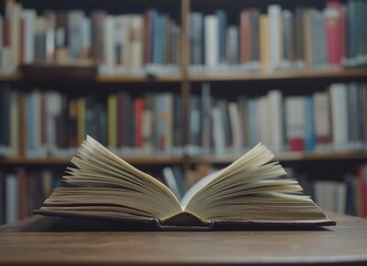 Naklejka premium An open book with pages turning, placed on an empty table in front of shelves filled with books. The background is blurred to emphasize the text and cover design of the book, creating a sense of depth