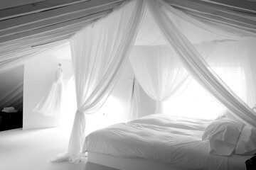 Ethereal Canopy Bed in Bright Room, Black and White Interior Design, Luxury Hotel Suite, Romantic Getaway, Overhead Shot