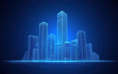 Futuristic Cityscape with Digital Wireframe Buildings in Blue Theme