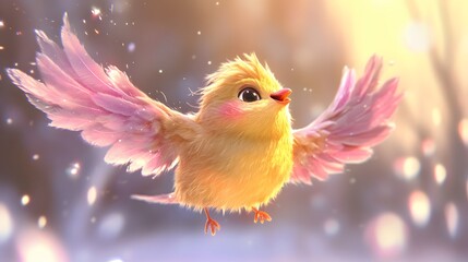 A  flying, fluffy, yellow bird with pink wings.