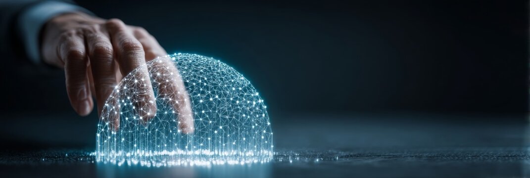 A hand reaching out to touch a global network connection and facilitate data exchanges, set against a technological structure, symbolizing innovation and networking on a dark background - Powered by Adobe