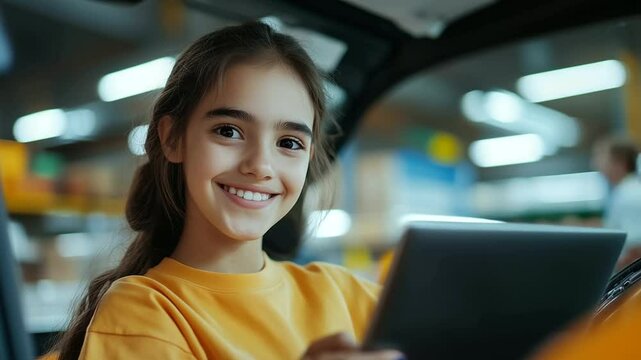 Young female warehouse employee in a dynamic workplace uses her laptop to manage stock and ensure the smooth operation of the distribution center, beaming with satisfaction