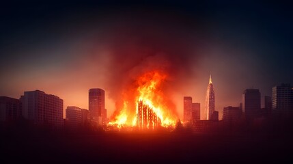 Naklejka premium Fiery inferno engulfs a city building at night, casting an ominous glow against the skyline. Smoke billows, painting the dark sky in shades of orange and red