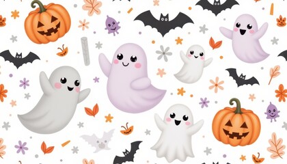 Fototapeta premium seamless halloween watercolor pattern with cute ghosts, pumpkins, and bats, soft orange, gray, and lavender palette, playful and charming.
