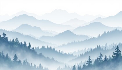 Obraz premium mountain landscape watercolor seamless pattern with layered peaks and trees, soft gradient layers in cool blue and gray.