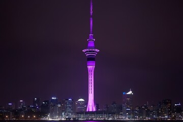 Obraz premium Iconic Sky Tower Illuminated in Vibrant Purple Against Night Sky