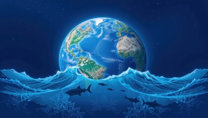 A stylized globe surrounded by ocean waves and marine life.
