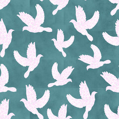 seamless watercolor hand-drawn pattern with patterned Peaceful White Doves on Watercolor background