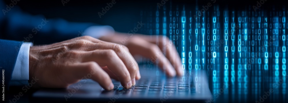Poster the concept of digital technology is exemplified by a man programmer working on a laptop for managin