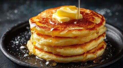 A short stack of golden pancakes sits on a dark plate, topped with a pat of melted butter. Syrup cascades down the sides, creating a warm and inviting breakfast scene that's perfect for any morning