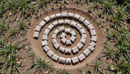 Obraz premium Spiral stone pattern surrounded by grass.