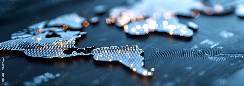 Poster a blue digital world map featuring glowing network lines and data points is perfect for themes relat